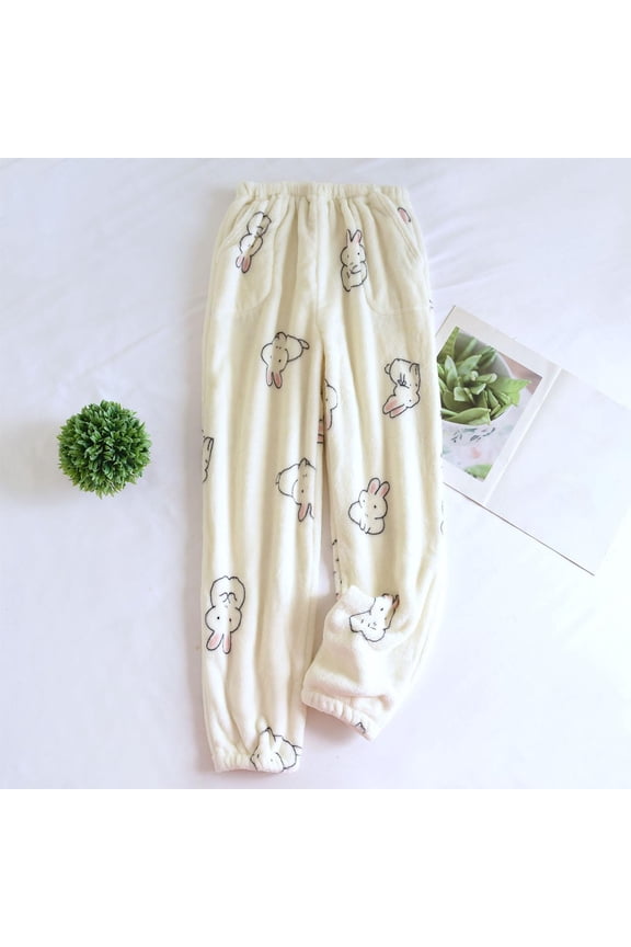 Pajamas Womens Beige Bunny Print Plush Loungewear Sleep Pants, Polyester, Elastic Waist, Pockets, M/L/XL Sizes for Home Relaxing & Sleeping,Size M