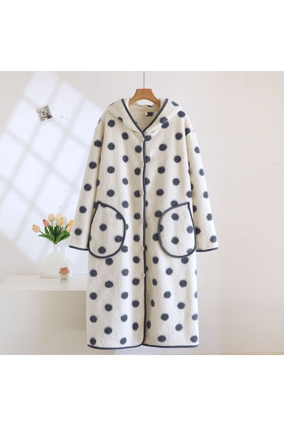 Pajamas Womens Cozy Plush Polka Dot Hooded Robe - White, 100% Polyester, Long-Length, Relaxed Fit with Pockets, Machine Washable for Home Lounging & Post-Shower,Size M