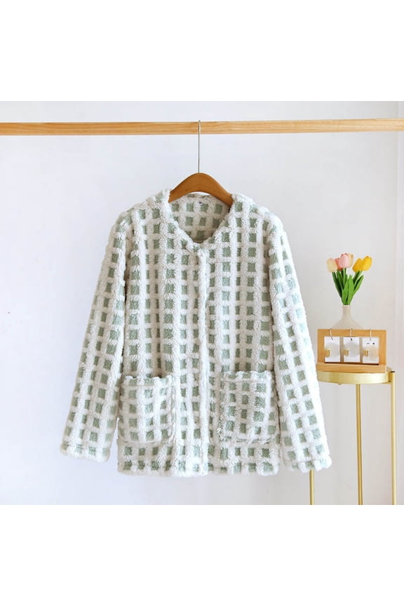 Pajamas Womens Fuzzy Green Checkered Cardigan - 100% Polyester Cozy Long Sleeve Button-Front with Pockets, for Home Lounging & Casual Wear, Sizes M/L/XL,Size M