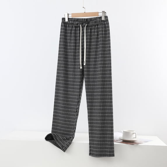 VONCOS Pajamas Womens Plus Size Black Plaid Pajama Pants - Soft Stretch Nylon Spandex, Wide Leg, Elastic Waist Drawstring, Sizes L to XXXL,Size L