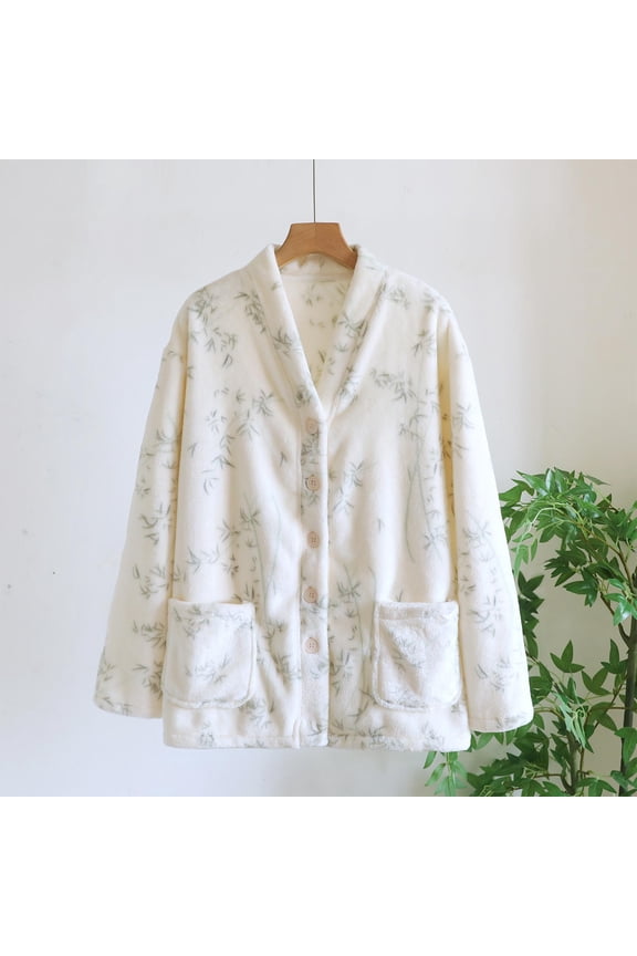 Pajamas Womens Plush Pajama Top 100% Polyester - Green, Bamboo Leaf Print, Notched Collar Button-Front Long Sleeve for Fall Winter Cozy Lounging,Size M