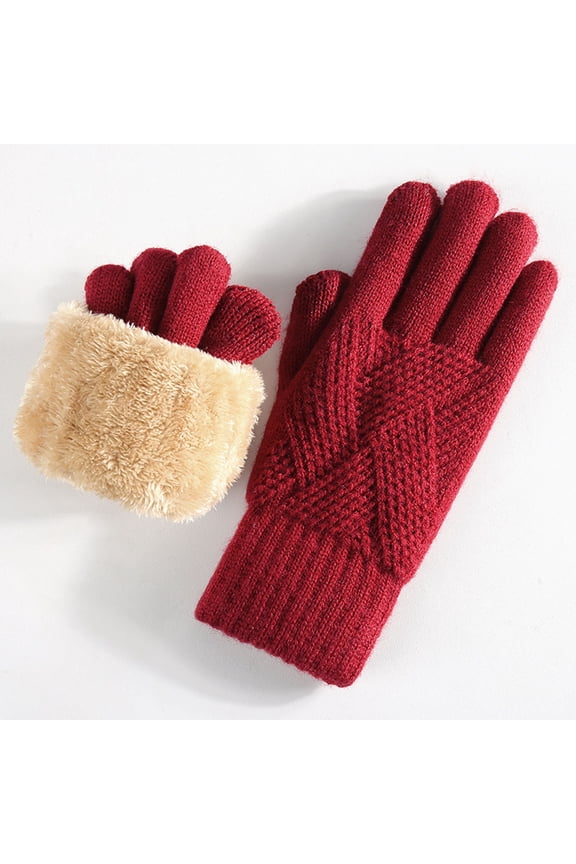 Red Winter Gloves for Women - Acrylic Knitted, Touchscreen Compatible Plush Cuffed Full Finger Warm Gloves for Cold Weather, One Size Fits Most,Size Free Size