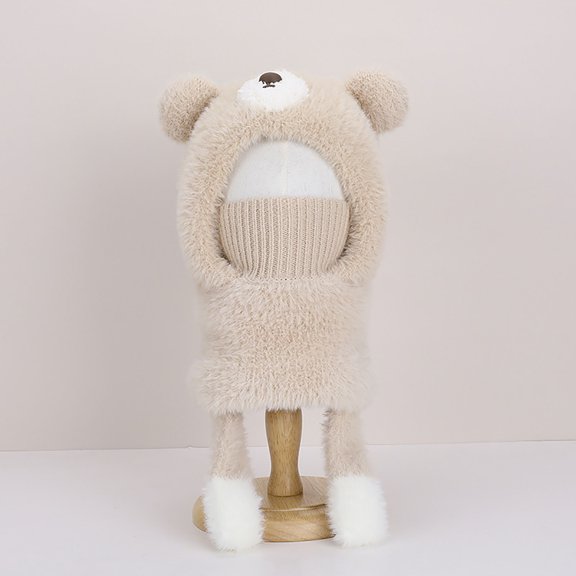 VONCOS Unisex 3-in-1 Winter Bear Hat Scarf Mask Set - Soft Acrylic, Beige, Plush Ears, Free Size, All-Around Warmth for Cold Weather Daily Outings,Size Free Size