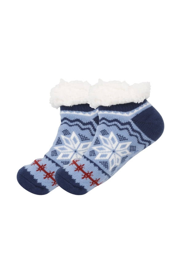 Unisex Blue Winter Warm Faux Shearling Lined Socks - Snowflake Pattern, Free Size for Men Women, 1 Pair Festive Cozy Socks,Size Free Size