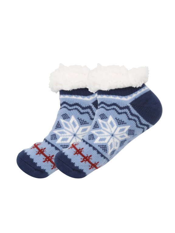 Unisex Blue Winter Warm Faux Shearling Lined Socks - Snowflake Pattern, Free Size for Men Women, 1 Pair Festive Cozy Socks