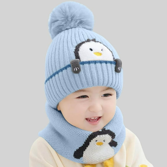 Sunvit-Panties Unisex Kids 1-Year-Old Winter Warm Acrylic Knit Penguin Hat & Scarf Set - 2-in-1 Blue with Fluffy Pom-Pom,Size 1 T