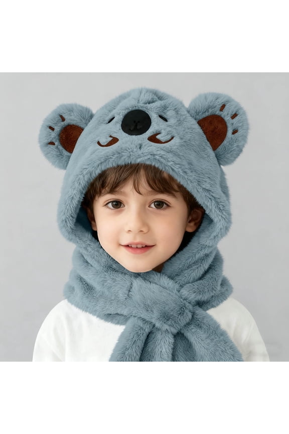 Unisex Kids Koala Hooded Scarf - 6 Month Old Warm Winter All-in-One Hood & Scarf, Blue Plush Nylon-Spandex Kids Cold Weather Accessory,Size 2 T