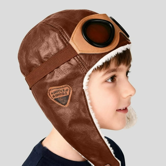 Sunvit-Panties Unisex Kids' Warm Vintage Pilot Hat with Goggles - Acrylic Plush Lined Earflaps for 2-8 Years, Coffee/Brown/Black/Burgundy/Army Green Winter Aviator Cap,Size 2 T