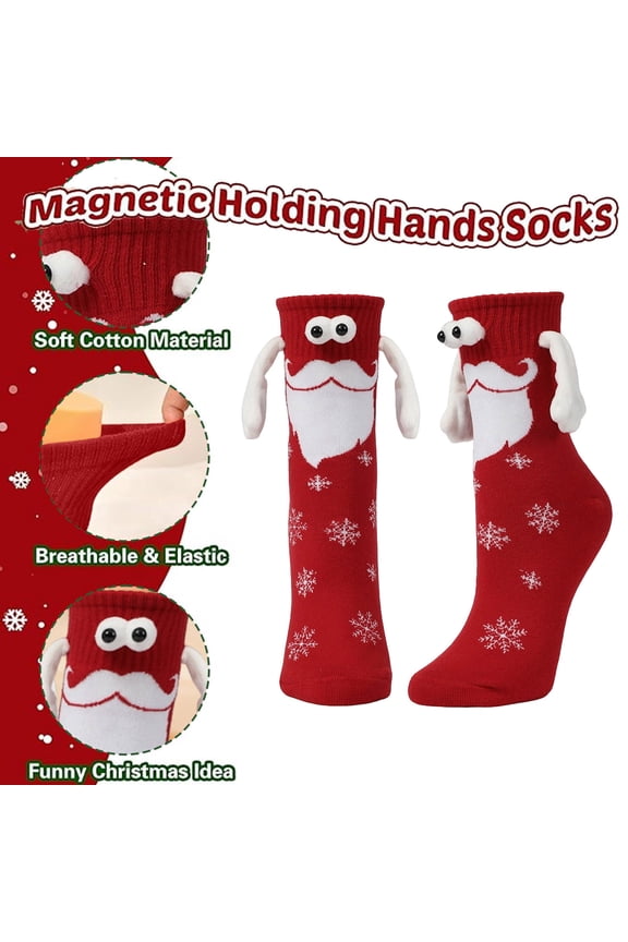 Unisex Magnetic Hand-Holding Christmas Socks - Crew Length, Santa Design with 3D Googly Eyes, Red, One Size for Adults/Teens, Holiday Stocking Stuffer,Size Free Size