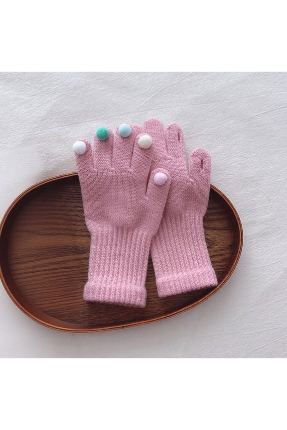 Unisex Pink Knitted Cotton Gloves - Winter Warm Touchscreen Compatible with Finger Pom Poms, Free Size Gloves for Teens & Adults,Size Free Size