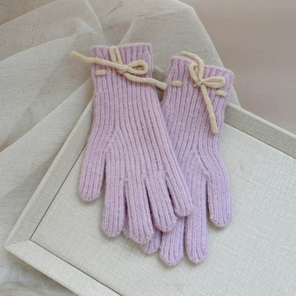 Sunvit-Panties Unisex Purple Cotton Knitted Gloves - Fall Winter Warm Soft Full-Finger Gloves with Bow Decor Cuff, Free Size Fit Adults Teens Daily Fashion Gloves,Size Free Size