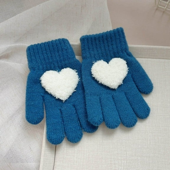 Sunvit-Panties Unisex Winter Knit Cotton Gloves - Blue Full-Finger with Fluffy Heart Patch, Warm Free Size, Practical for Daily Cold Weather Casual Outings,Size Free Size