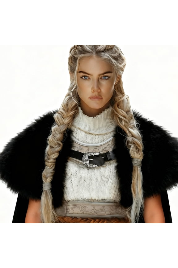 Viking Inspired Faux Faux Fur Shawl for Women, Black Acrylic Warm Cape with Metallic Buckle Belt, Cozy for Fall Winter Daily Wear & Viking Cosplay,Size Free Size