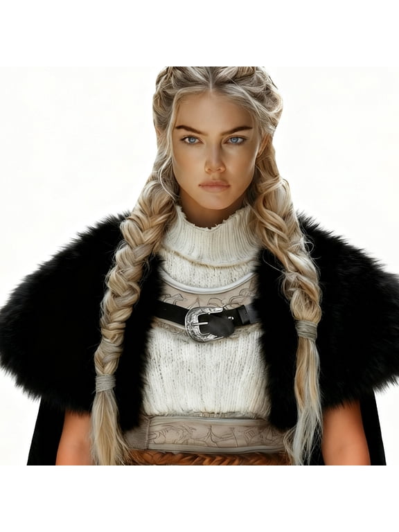 Viking Inspired Faux Faux Fur Shawl for Women, Black Acrylic Warm Cape with Metallic Buckle Belt, Cozy for Fall Winter Daily Wear & Viking Cosplay,Size Free Size