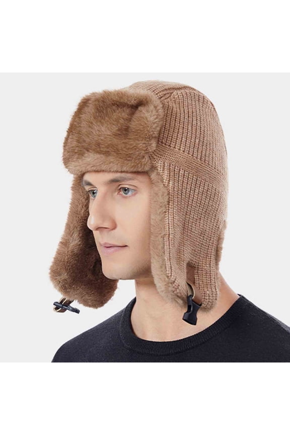Warm Faux Faux Fur Trapper Hat - Women and Men Khaki Knitted Winter Hat with Ear Flaps for Cold Weather,Size Free Size