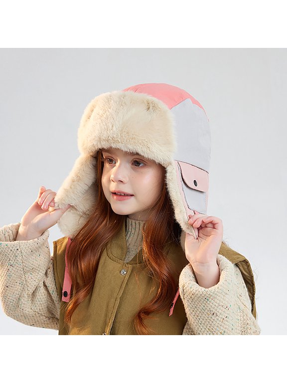 Warm Kids Unisex Trapper Hat - Pink Color Block, Plush Faux Faux Fur Lining, Adjustable Chin Strap, Acrylic Cold Weather Hat for 4-12 Years,Size Free Size