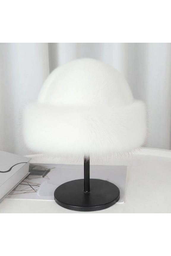 White Faux Faux Fur Bucket Hat for Women - Winter Warm Polyester Accessory, One Size Fits Most Adult Females, Retro Cold Weather Fashion Hat,Size Free Size