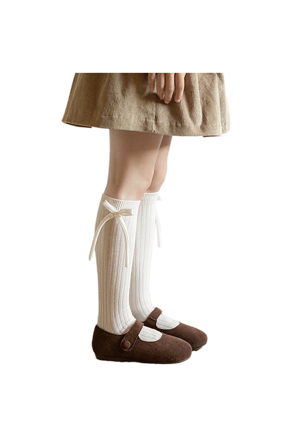 White Girls Knee High Socks 4-8 Years - Soft Knit Cotton with Bow, Non-Slip, Fits 140cm Female Kids for Daily/School/Photo Shoot Wear,Size 6-14T