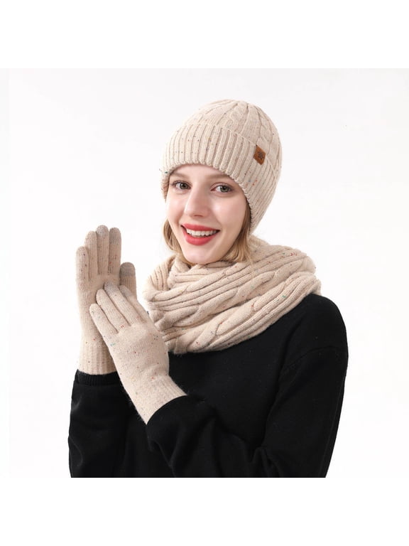 Winter Accessories Set for Women - Premium Wool 3-in-1 Beige Hat Scarf Touchscreen Gloves, One-Size Fits Most, Cold Weather Warmth,Size Free Size