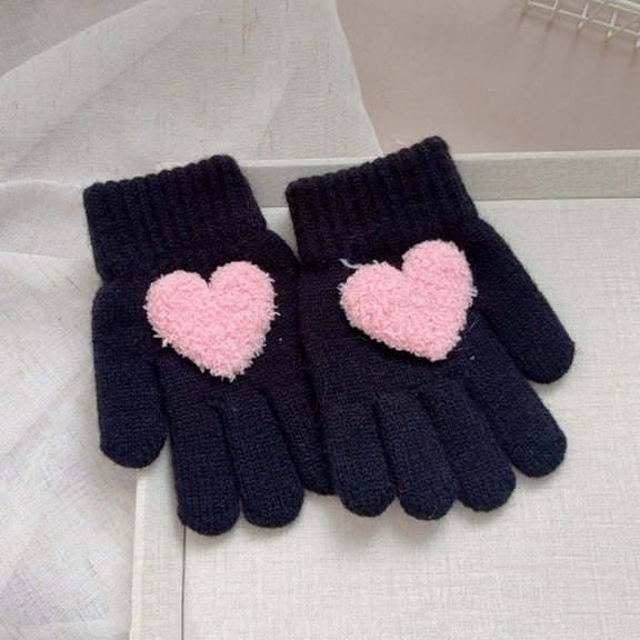 Sunvit-Panties Winter Knit Cotton Gloves Unisex - Warm Full-Finger with Fluffy Heart Patch, Free Size Black, Practical for Daily Cold Weather Casual Use,Size Free Size