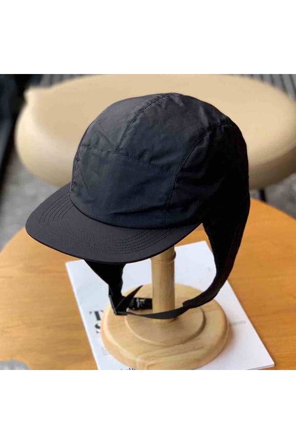 Winter Trapper Hat with Ear Flap - Wind Resistant Women and Men Black Hat, One Size Fits Most, Baseball Cap Brim for Cold Weather,Size Free Size