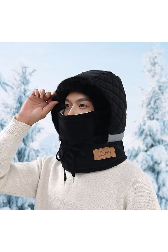 Women and Men Black All-in-One Cold Weather Hat - Faux Faux Fur Lined Acrylic, Adjustable Drawstring, Reflective Strip Windproof Head & Face Cover,Size Free Size