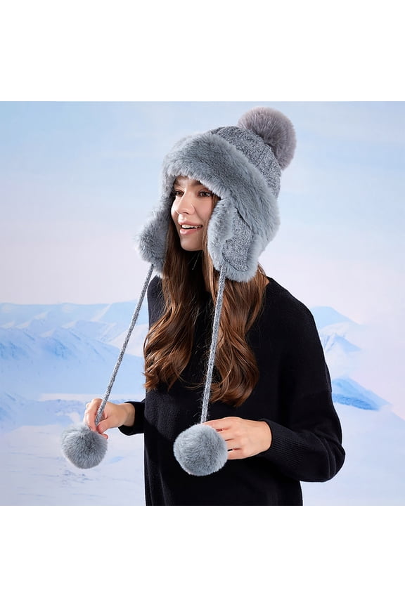 Women and Men Gray Warm Winter Hat - Faux Faux Fur Ear Flaps Trapper Hat, Cable Knit Nylon Spandex Pom Pom Hat for Cold Weather Outdoor Daily,Size Free Size