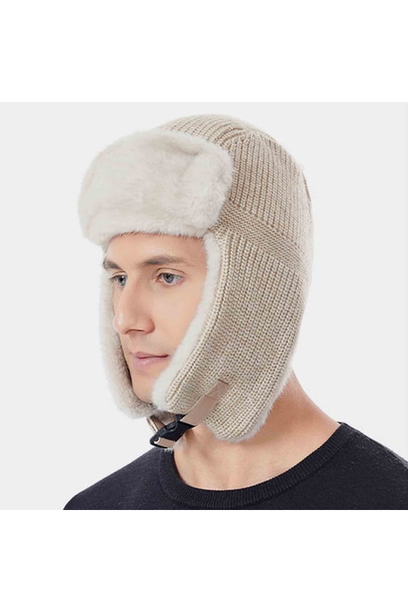 Women and Men Beige Trapper Hat - Warm Faux Faux Fur Lined Knitted Winter Hat with Ear Flaps for Cold Weather,Size Free Size