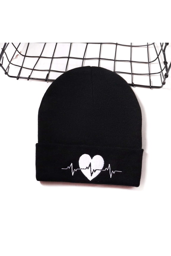 Womens Black Beanie - EKG Heart Embroidered, 100% Polyester Winter Warm Rolled Cuff Classic Fashion Hat for Daily Commute & Campus,Size Free Size