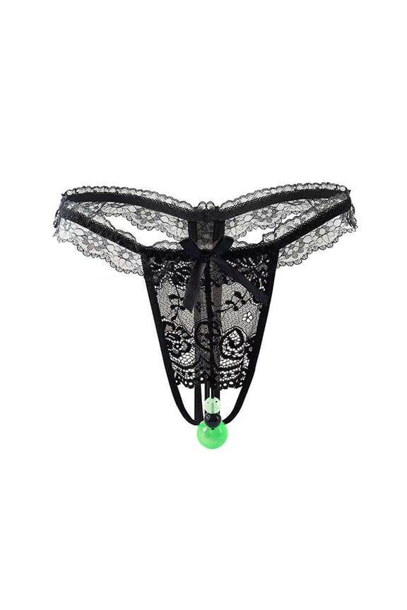 Womens Black Lace Thong Underwear, Nylon Spandex Stretch with Front Green Beads & Bow, Elastic Waistband, No Visible Panty Lines (VPL), Size XL
