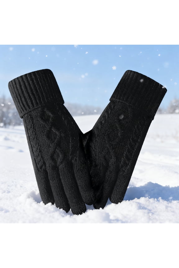 Womens Black Winter Cable Knit Gloves - Polyester Touchscreen Compatible, Warm Ribbed Cuff, One Size Fits Most Adults for Fall & Winter,Size Free Size