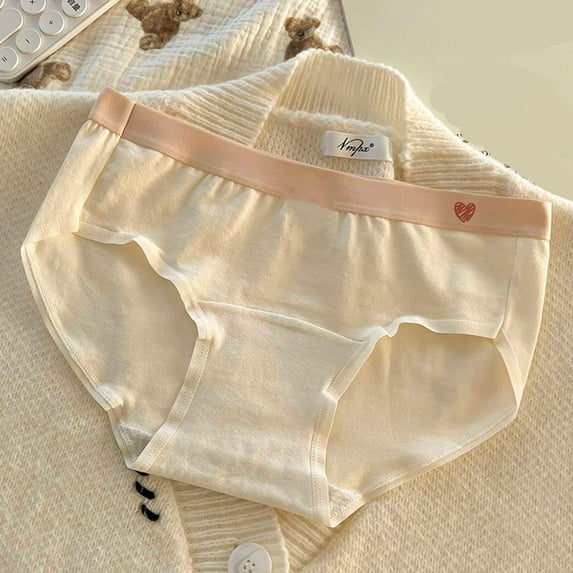Sunvit-Panties Womens Cotton Mid-Waist Briefs - Beige, Size L, Breathable Skin-Friendly for Everyday Wear, Color-Block Waist with Heart Emblem, 1-Pack