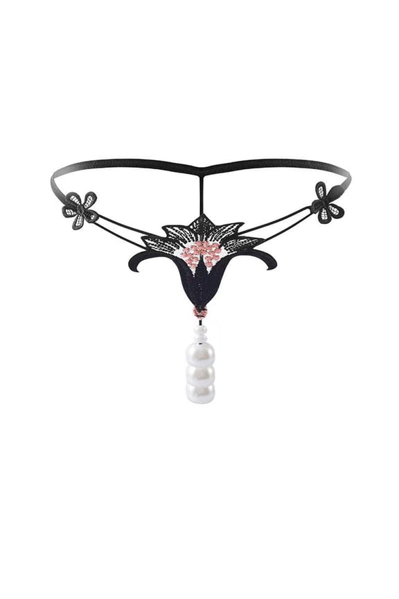 Womens Faux Pearl Embellished Lace Thong - Black, Size L, Nylon Spandex Stretchy Comfortable Intimate Wear for Special Nights