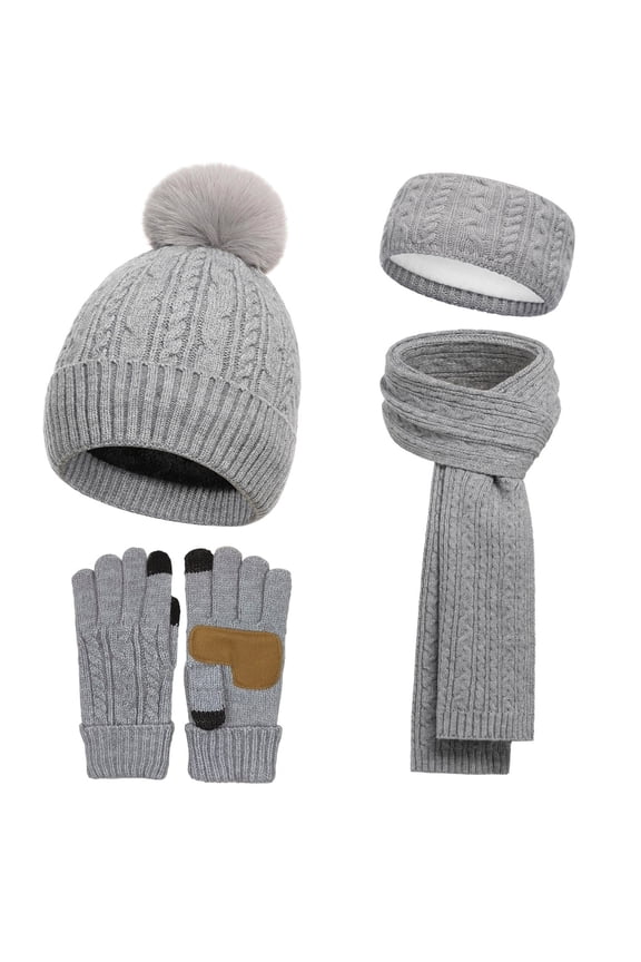 Womens Gray 4-Piece Winter Accessories Set - 100% Wool, Fleece Lined, Touchscreen Gloves & Faux Faux Fur Pom Pom Beanie/Scarf,Size Free Size