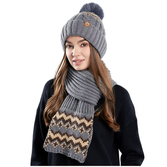 Sunvit-Panties Womens Gray Winter Knit Hat & Scarf Set - Cozy Nylon Spandex, Pom Pom Accent, One Size Fit, Coordinated Design, Essential Winter Accessory For Women,Size Free Size