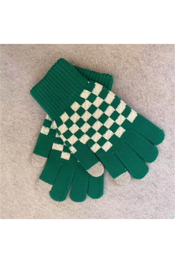 Womens Green Checkered Touchscreen Gloves - Winter Warm Acrylic Knit Gloves with Ribbed Cuffs, Free Size for Daily Shopping & Commute,Size Free Size