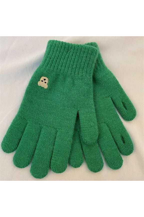 Womens Green Winter Touchscreen Gloves - Acrylic Knit with Ribbed Cuff & Cute Embroidery,Size Free Size