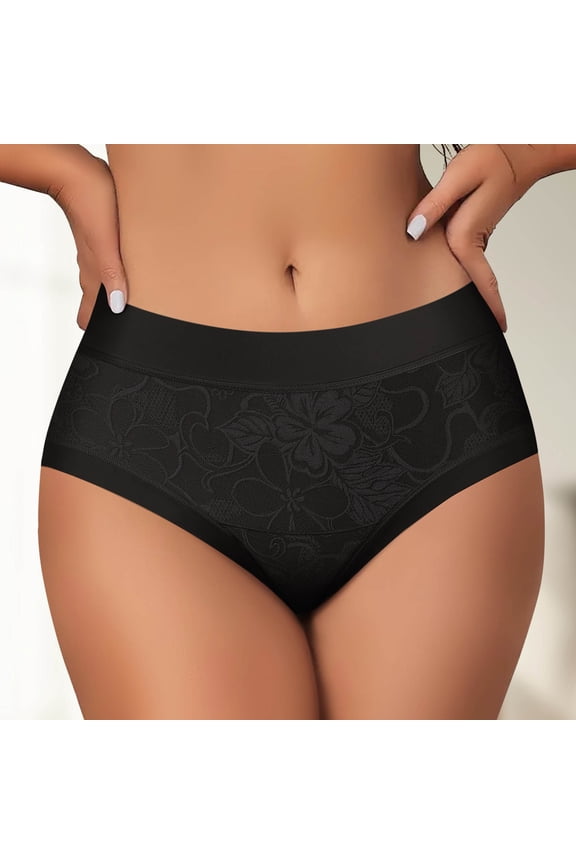 Womens High-Waisted Floral Lace Briefs Underwear - NYLON Spandex, Black, Size L, Comfortable Breathable for Everyday Wear