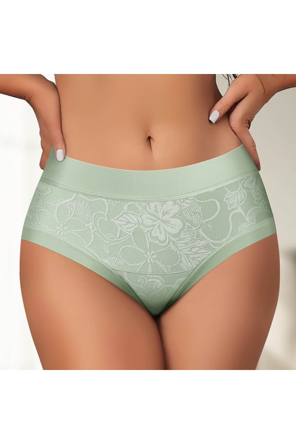 Womens High-Waisted Lace Briefs - Nylon Spandex, Comfortable Breathable, No-Roll Waistband, Green, Size L, for Everyday Wear & Light Activities