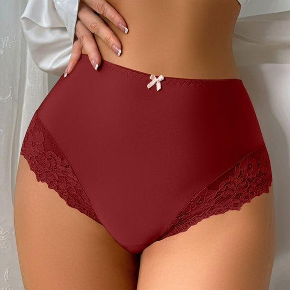 Sunvit-Panties Womens High-Waisted Panties Nylon Spandex - Lace Trim, Bow Accent, Tummy Control, Wine Color, Size L, Comfortable Everyday Elegant Underwear