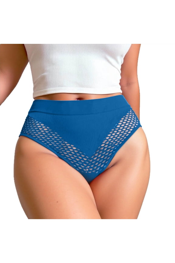 Womens High Waisted Underwear - Soft Comfortable Nylon Spandex, Mesh Panels, Seamless No-Show for Daily Wear, Blue, Size XL