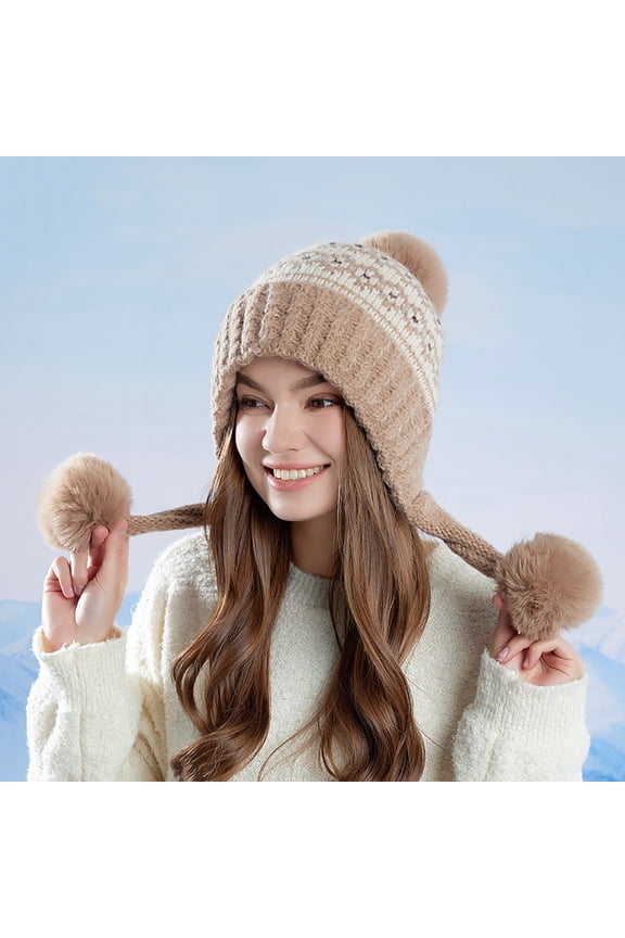 Womens Khaki Earflap Winter Hat - Warm Acrylic Knit with Faux Faux Fur Pom Pom, Free Size Fits Most Adults,Size Free Size