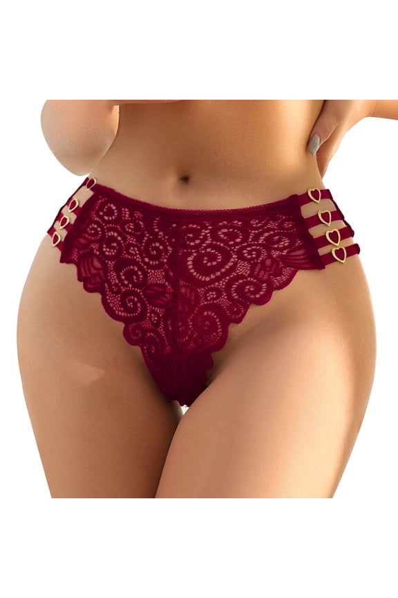 Womens Lace Thong Panty - Nylon Spandex, Soft Stretchy, Heart Accent, Sexy Elegant, Red, Size XL