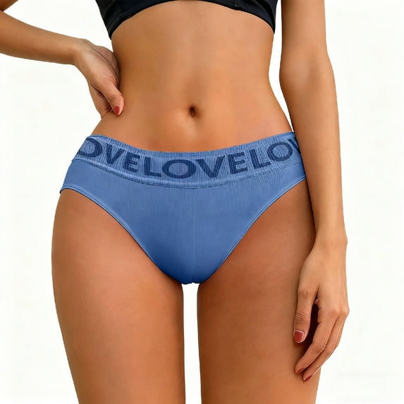 Sunvit-Panties Womens Low-Rise Bikini Briefs with LOVE Waistband - Nylon Spandex, Comfortable All-Day Wear, Blue Color, Size XL