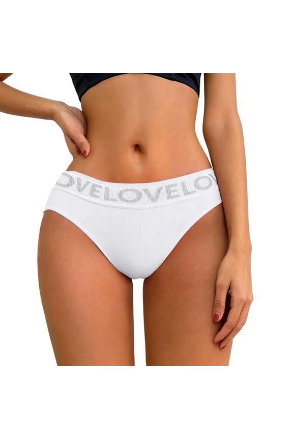 Womens Low-Rise Bikini Briefs with LOVE Waistband - Soft Nylon Spandex, White, Size L, Comfortable for Everyday Wear & Loungewear