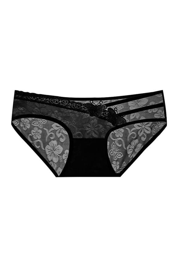 Womens Low-Rise Bikini Underwear - Nylon Spandex Soft Stretch Breathable, Floral Lace Trim & Butterfly Applique, Black, Size L, Ideal for Daily/Everyday Wear