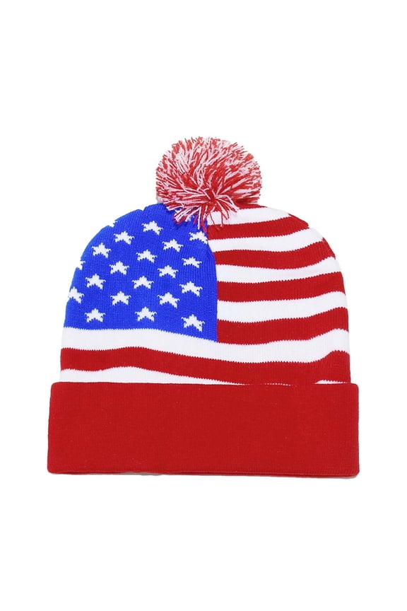 Womens Patriotic USA Flag Beanie - Warm 100% Polyester Pom Pom Cuffed Winter Hat, Multicolor,Size Free Size