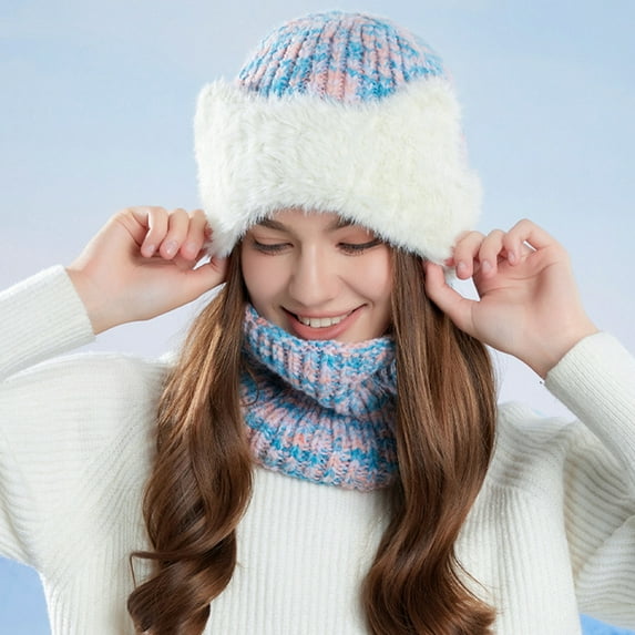 Sunvit-Panties Womens Pink Knit Winter Hat & Neck Warmer Set - Warm Cold Weather Accessory with Plush Ear Flaps, Turtleneck Design, One Size Fits Most for Ladies,Size Free Size