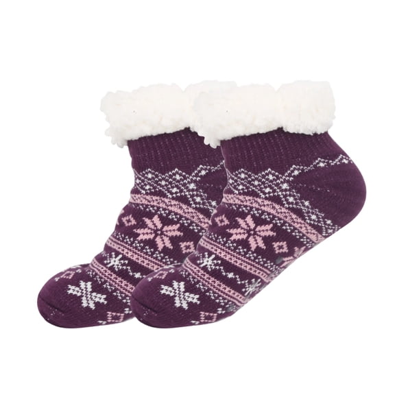 VONCOS Womens Warm Ankle Socks with Faux Faux Fur Cuff - Purple, Fall Winter, Stretchy Free Size, Snowflake/Geometric Print for Home & Casual Outings
