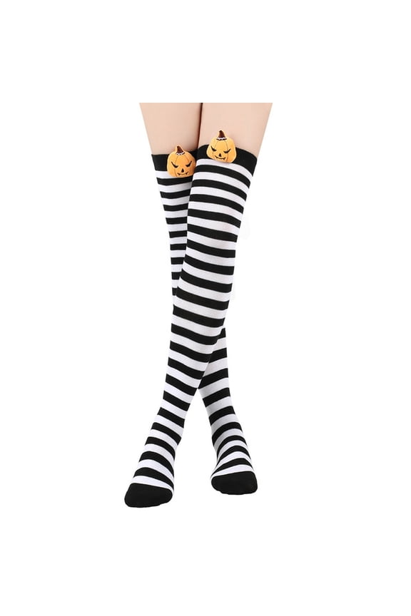 Womens White Hall-oween Over-the-Knee Socks - Soft 100% Polyester with Pumpkin Accents for Costume/Parties, 1 Pair,Size Free Size